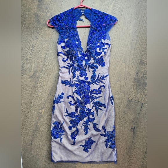 Mac Duggal Dresses & Skirts - Mac Duggal Royal Blue Illusion Crystal Embroidered Open Back Mini Dress Size 6US
